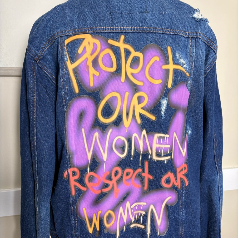 Espoir Apparel Distressed Denim Jacket Graffiti Back Protect and Respect Woman - Picture 4 of 7